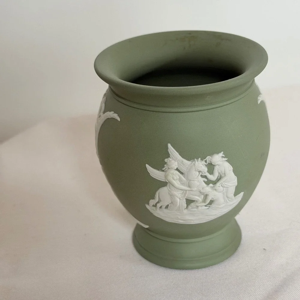 Wedgwood Jasperware Sage Green Small Round Vase Neoclassical Scenes Made in UK